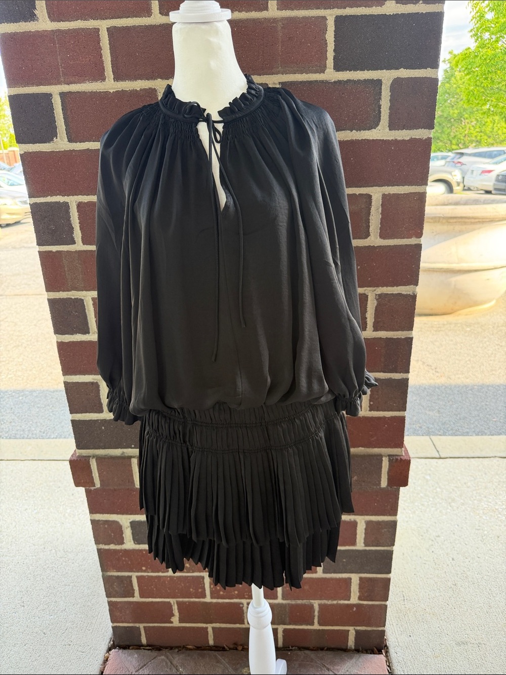 Current Air Black Long-Sleeve Smocked Fringe Midi Dress